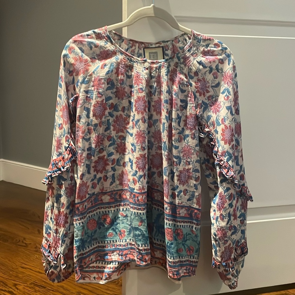Bell by Alicia Bell || Callie Silk Blend Floral Block Print Ruffle Sleeve Top L